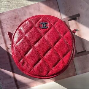 Chanel Red Quilted Caviar Round Clutch With Chain